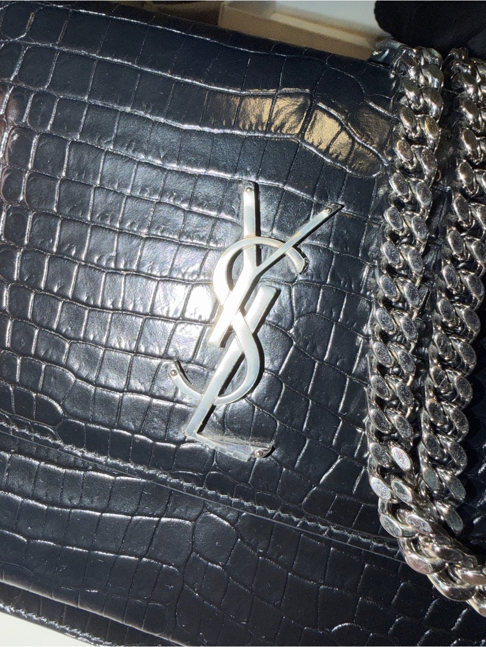 Saint Laurent Sunset Black Croc-Embossed Shoulder Bag with Silver Chain - Picture 2 of 9